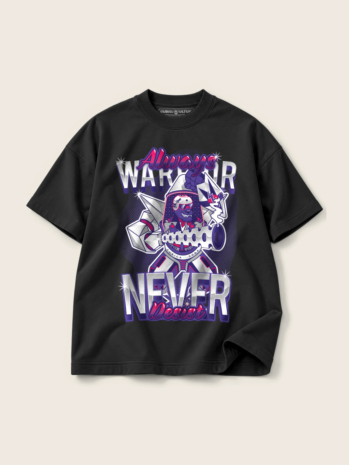 Warrior · Camiseta Semi Oversize con Cortes 410g, negro, estampado frente, vista frontal