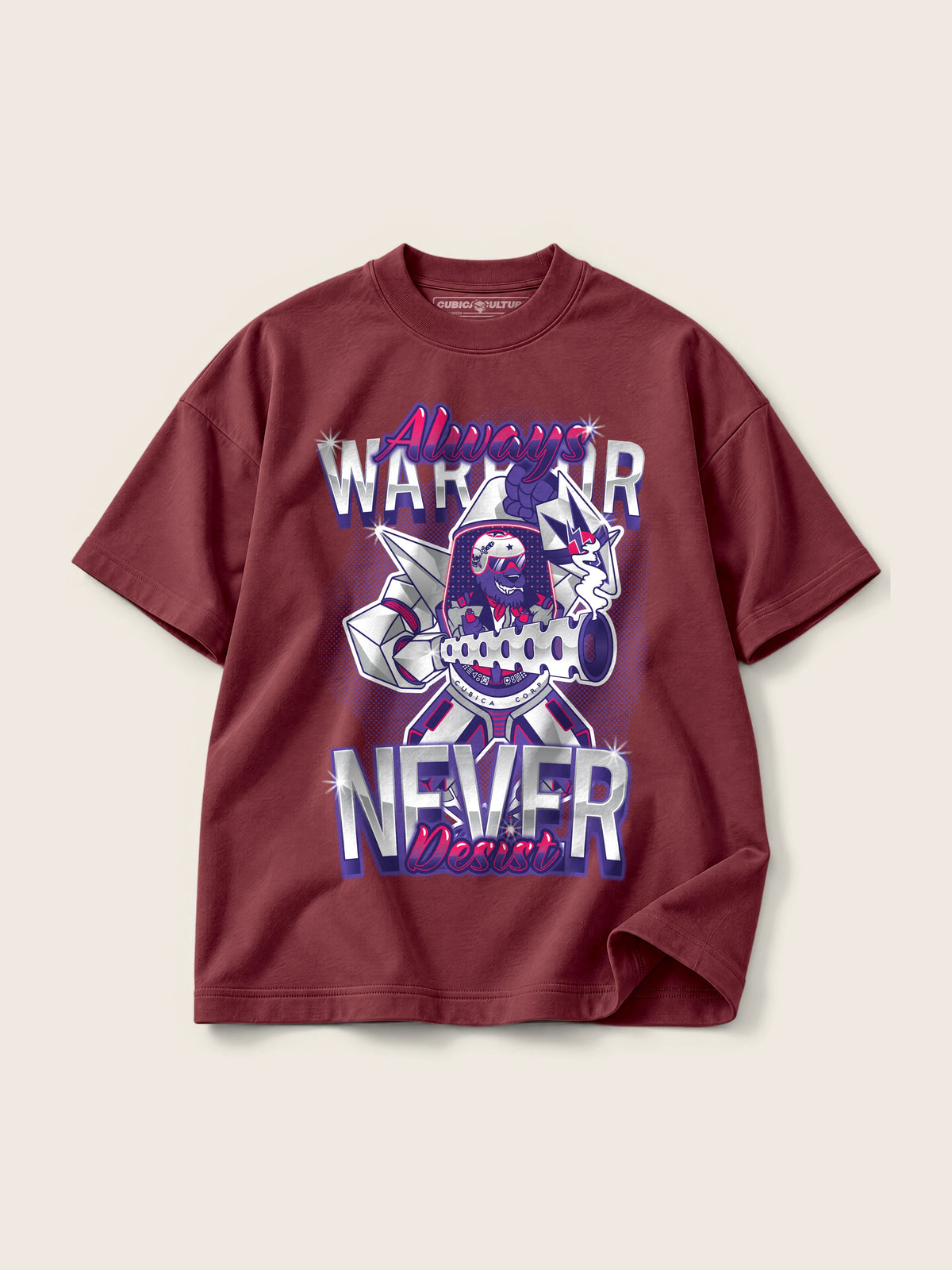 Warrior · Camiseta Semi Oversize con Cortes 410g, vino, estampado frente, vista frontal
