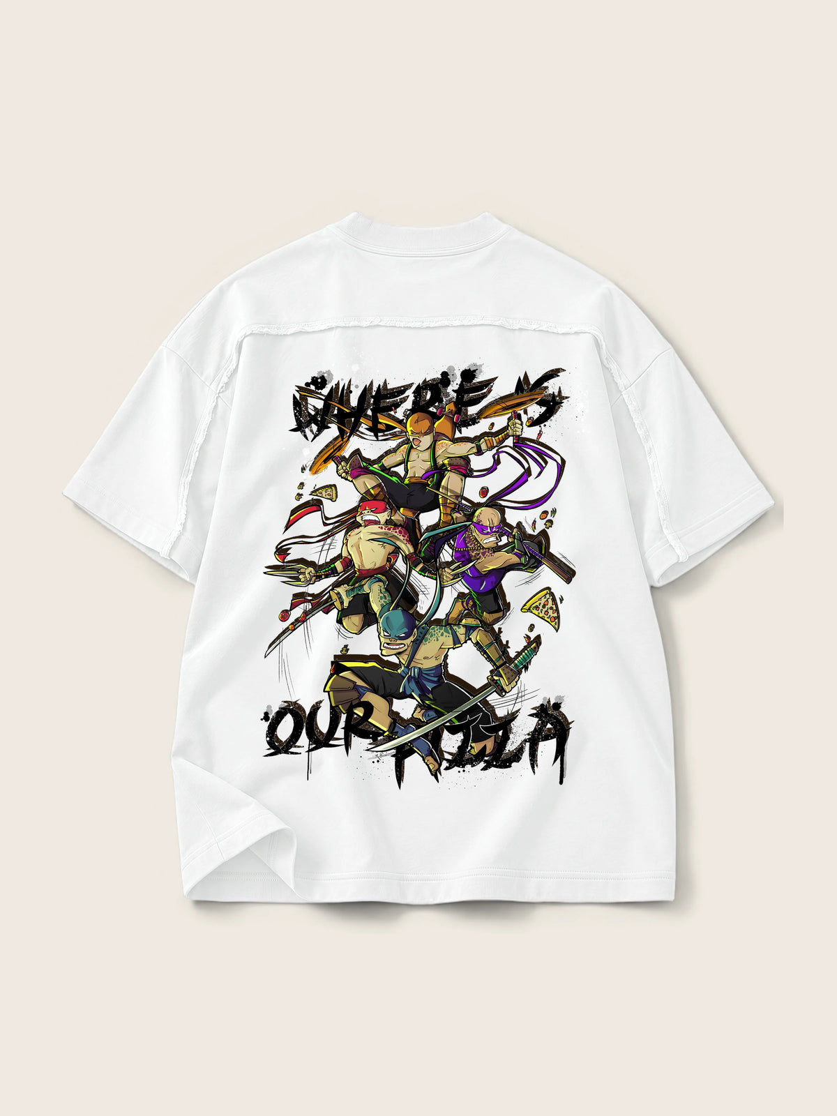 Where's Our Pizza · Camiseta Semi Oversize con Cortes 410g Blanco, blanco, estampado espalda, vista trasera