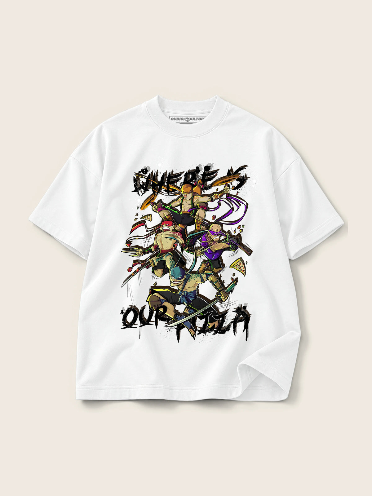 Where's Our Pizza · Camiseta Semi Oversize con Cortes 410g Blanco, blanco, estampado frente, vista frontal